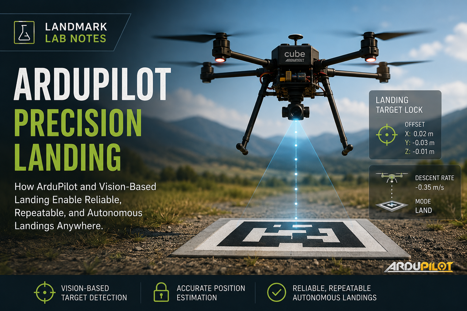 Drone using ArduPilot precision landing to descend toward a visual landing target.